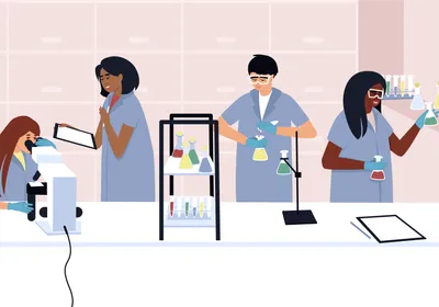 Women scientists work in a laboratory with a microscope and test tubes.